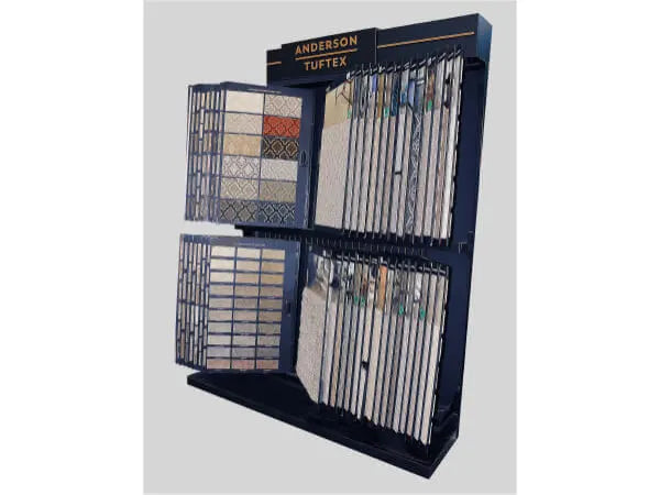 Display rack featuring an assortment of carpet and textile samples in various colors and patterns for home improvement projects.