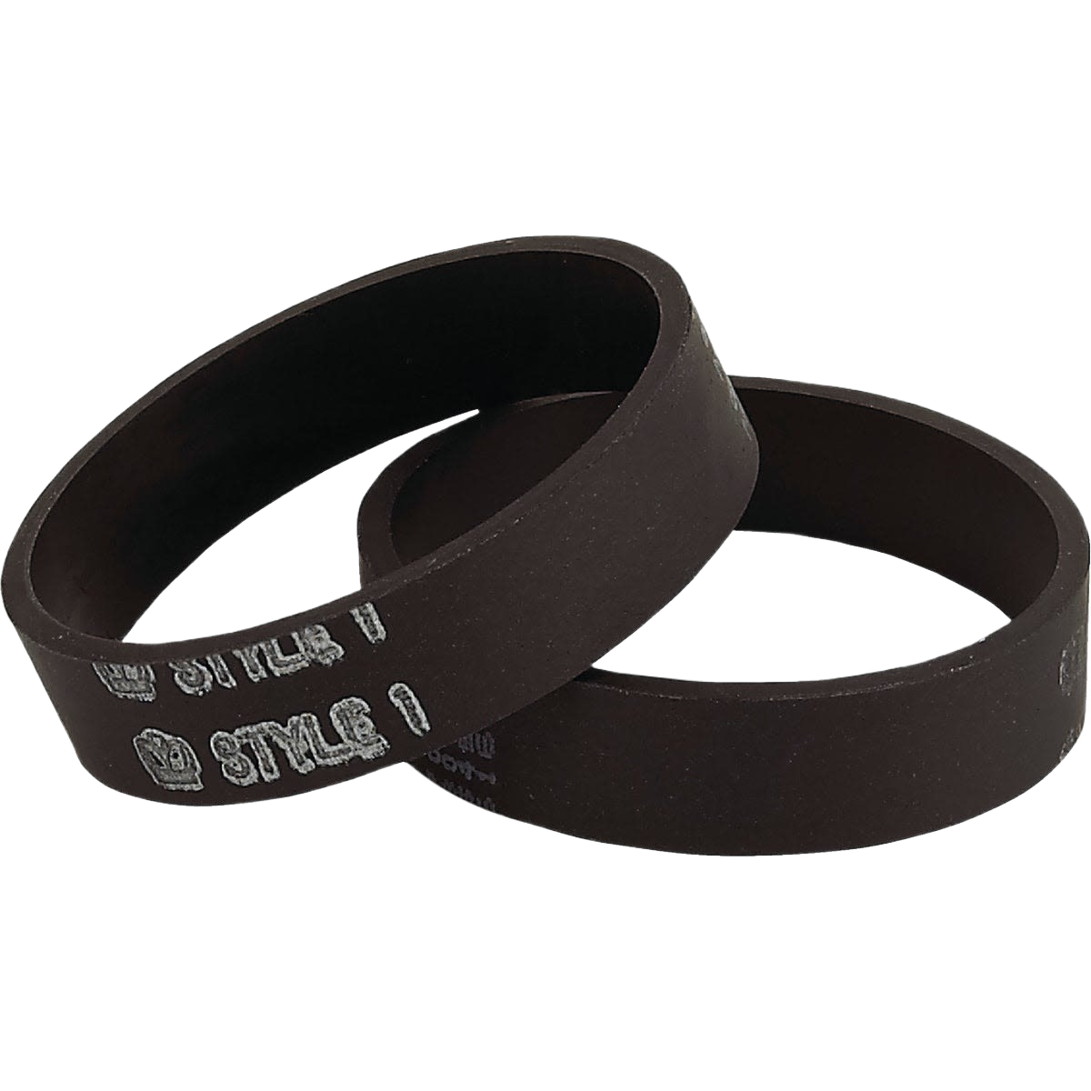 Two black rubber vacuum cleaner belts with white style and brand markings for tools and home improvement use