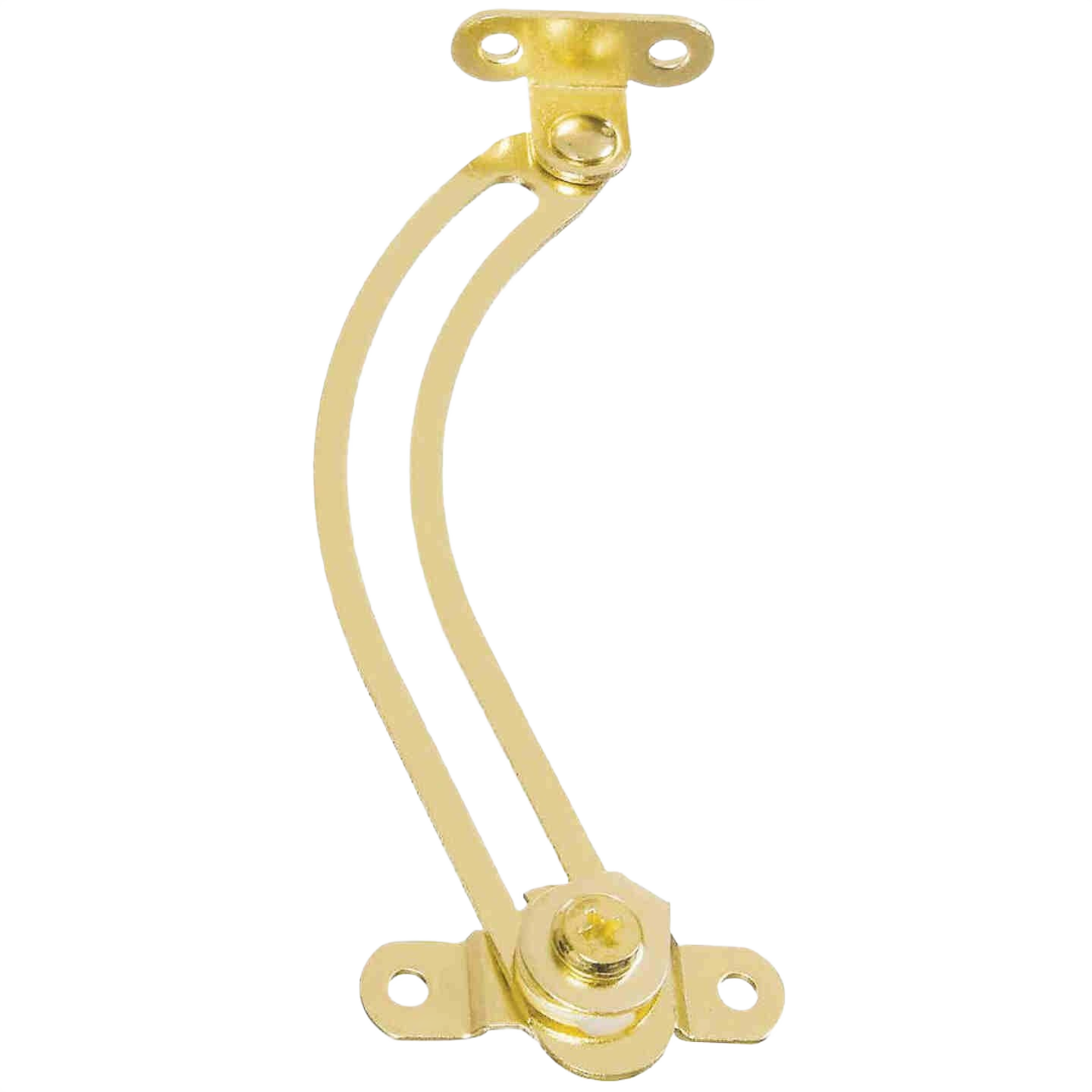 Right-handed friction lid support in polished brass finish for cabinet and furniture hardware applications.