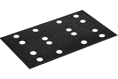 Black net abrasive protection pad with multiple holes designed for sanding tool compatibility and dust extraction.
