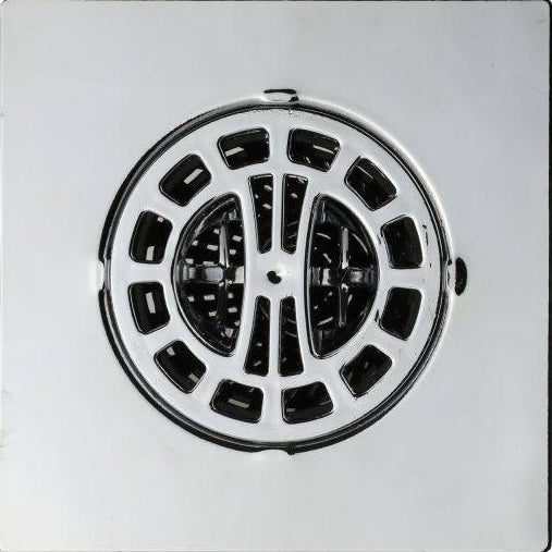 Chrome square shower drain cover with built-in hair catcher basket for plumbing repair and home improvement tasks