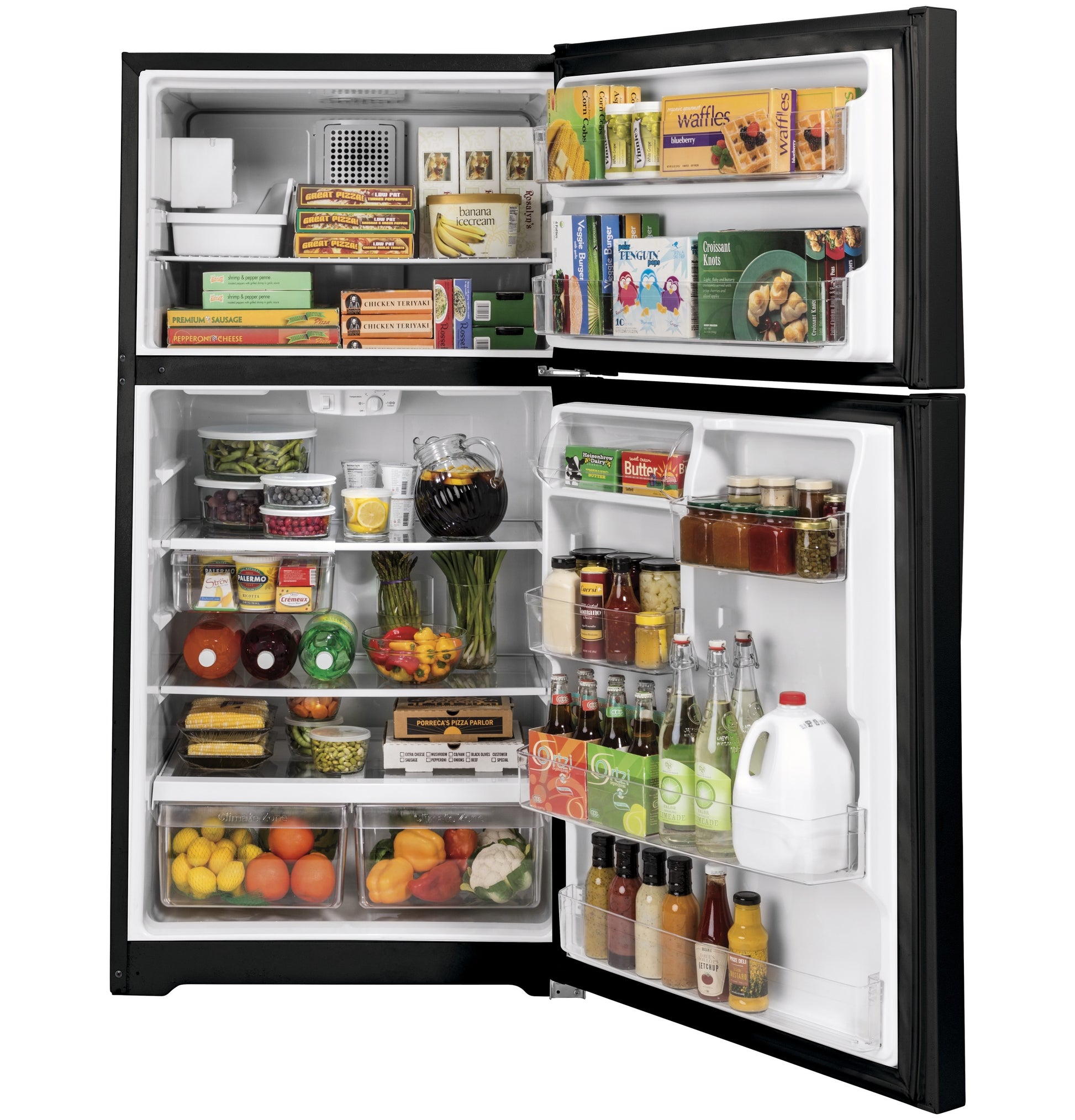 Open black top-freezer refrigerator stocked with beverages, food containers, and fresh produce in appliances collection