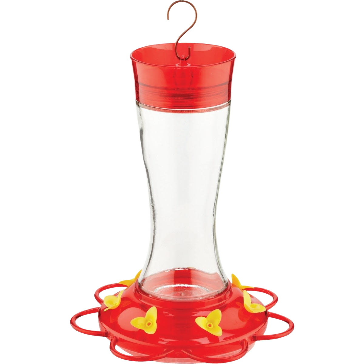 Clear glass hummingbird feeder with vibrant red top and yellow feeding ports, ideal for outdoor living and wildlife supplies.