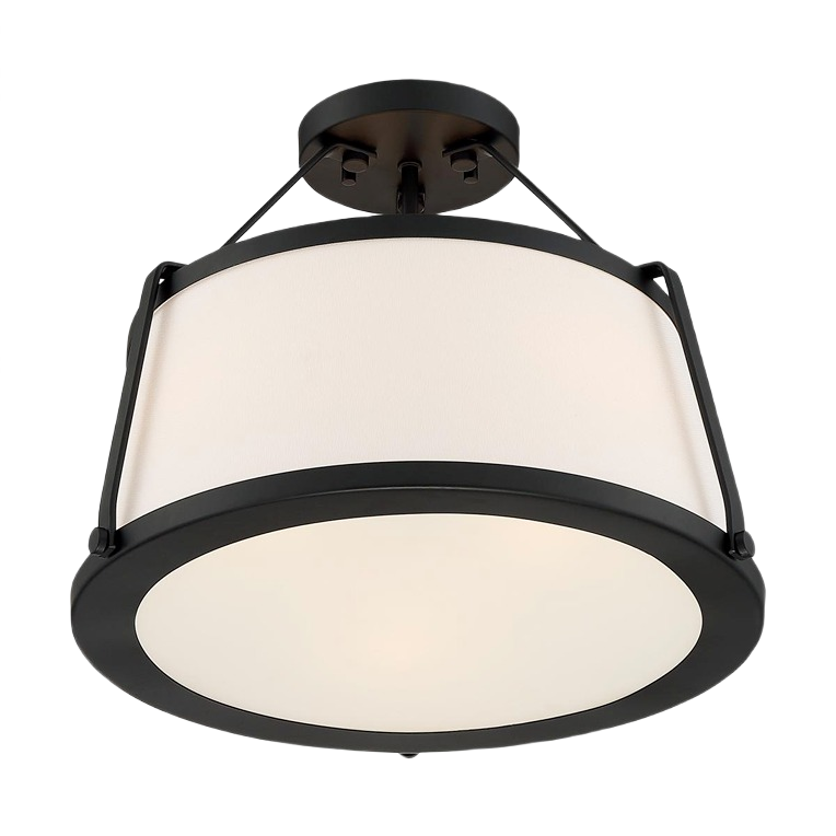 Matte black semi-flush three-light fixture with white fabric diffuser for bathroom and indoor lighting collections