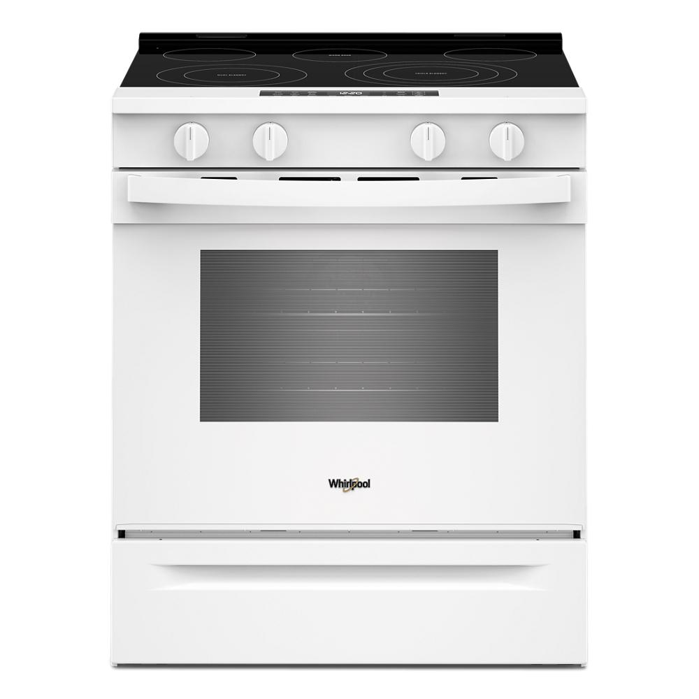 White 30-inch electric smart range with smooth cooktop, control knobs, and oven window in Ranges and Kitchen & Kitchenware collections