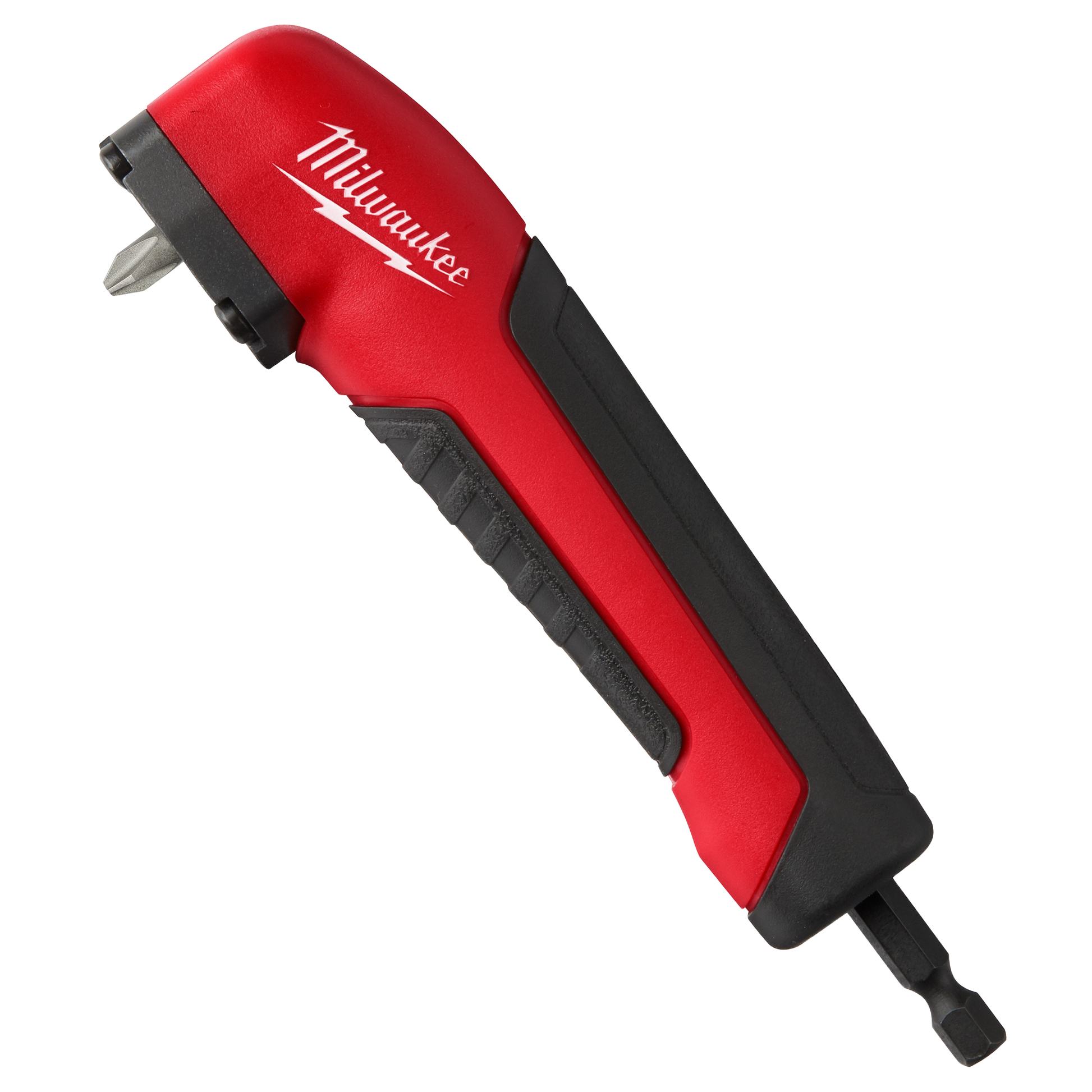 Red and black Milwaukee impact right angle adapter designed for power tool accessories and woodworking tool collections