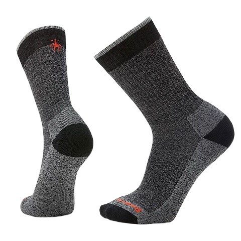Pair of large black and gray cushioned crew socks with reinforced heels and toes for comfortable wear