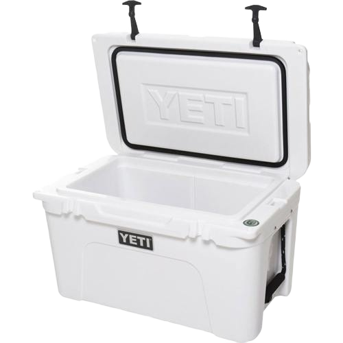White rotomolded hard cooler with open lid and black rubber seal, designed for food storage and organization collections