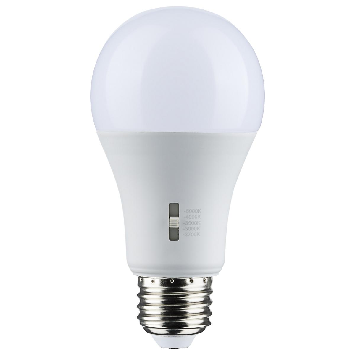 White LED light bulb with metal base and color temperature adjustment slider for versatile lighting and home improvement.