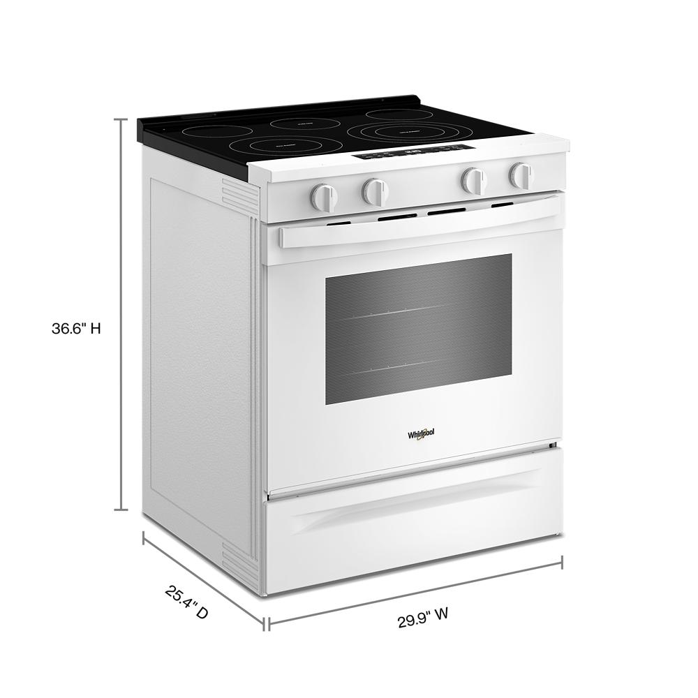 White electric range with smooth cooktop, front control knobs, and large oven window, shown with dimensions and clean design
