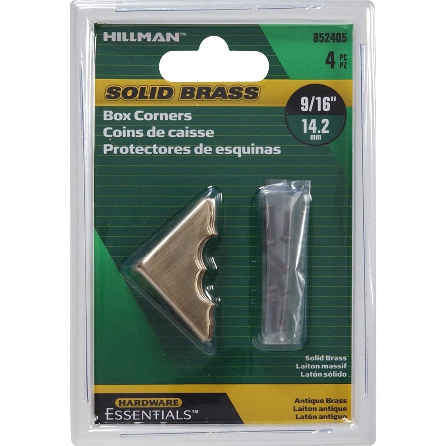 Hillman solid brass antique brass decorative corner hardware for furniture in packaging with screws and installation accessories