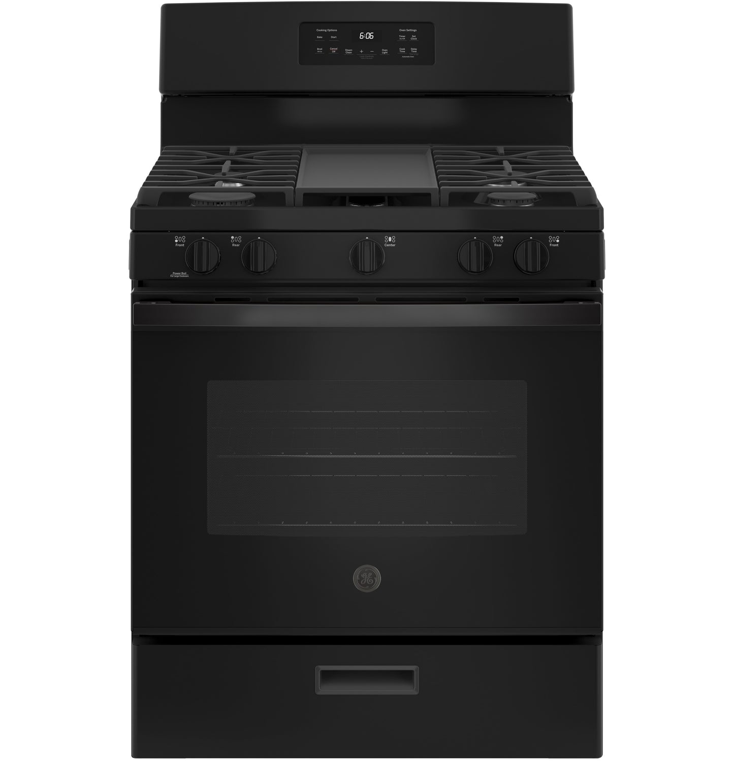 Black freestanding gas range with digital display and five burners in ranges and kitchen appliances collection
