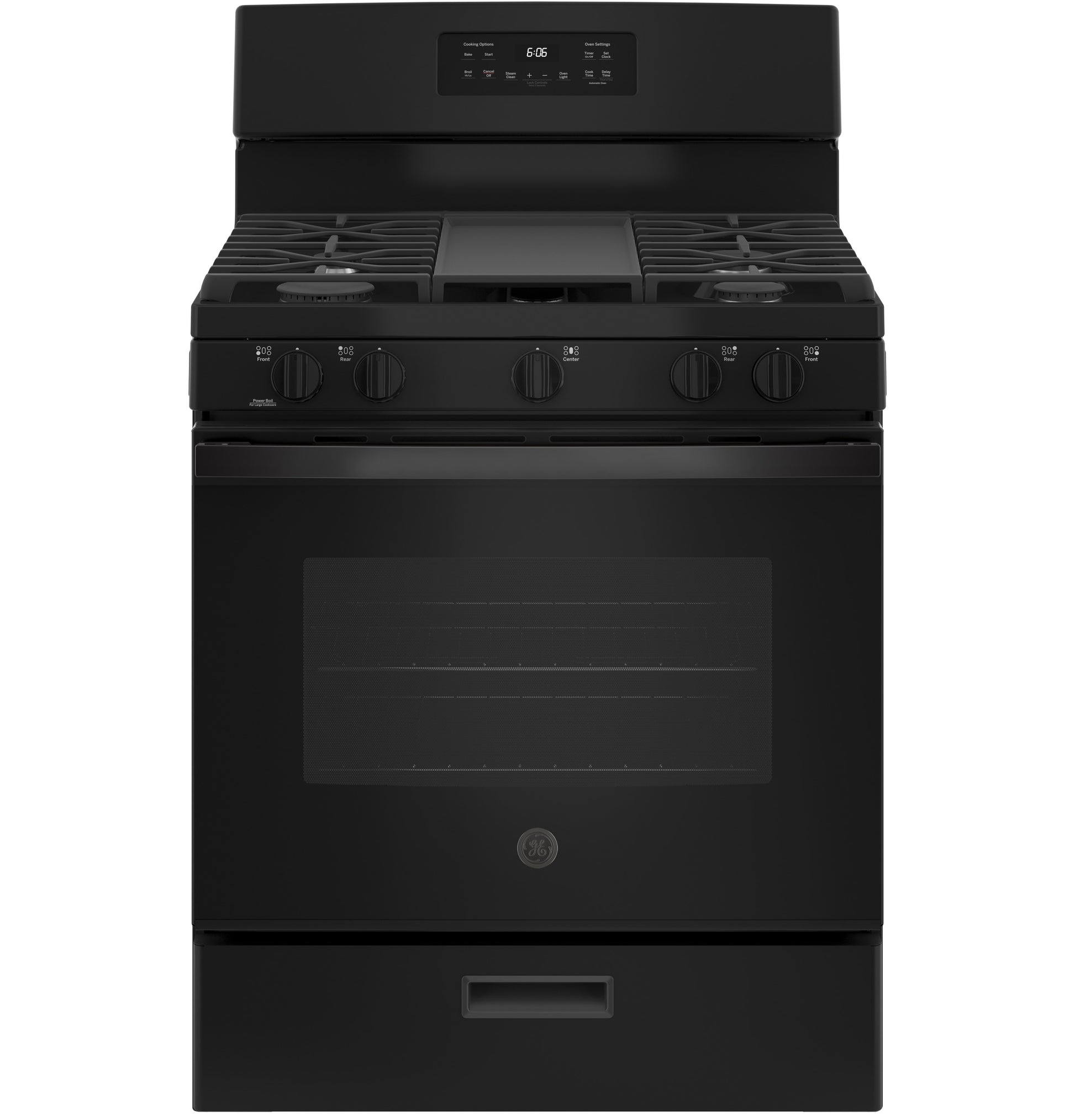 Black freestanding gas range with digital display and five burners in ranges and kitchen appliances collection