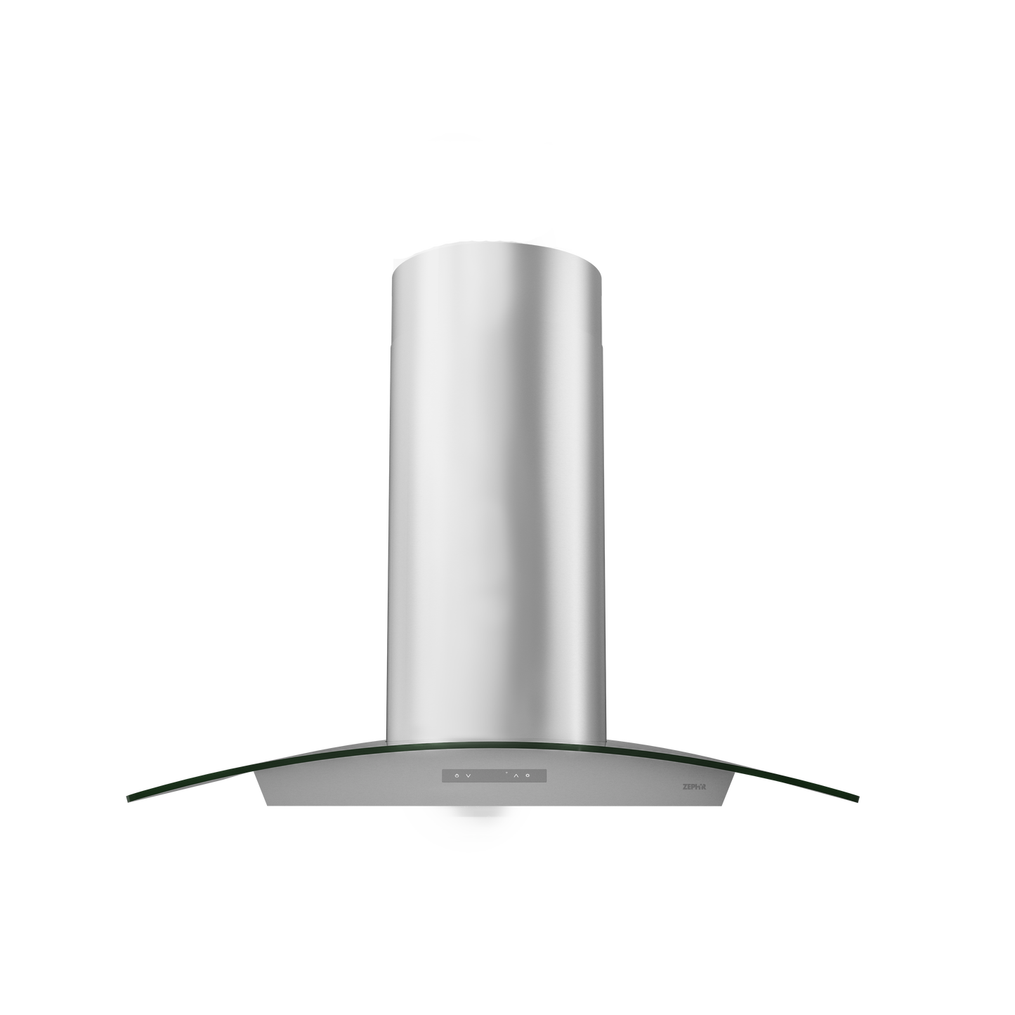 Front view of stainless steel chimney hood with curved glass canopy and LED lighting in kitchen appliances collection