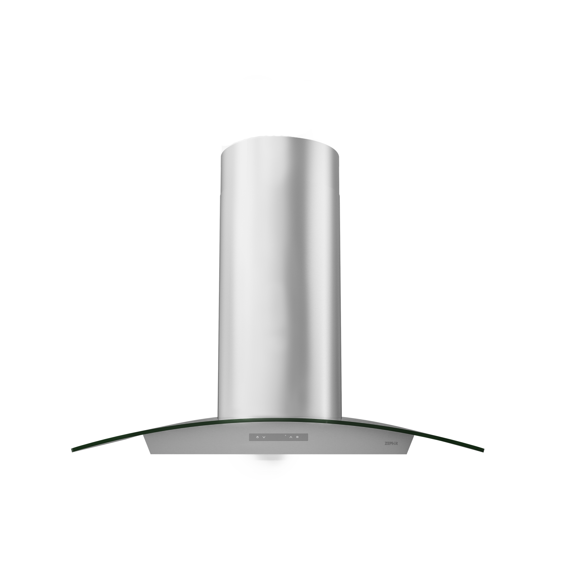 Front view of stainless steel chimney hood with curved glass canopy and LED lighting in kitchen appliances collection