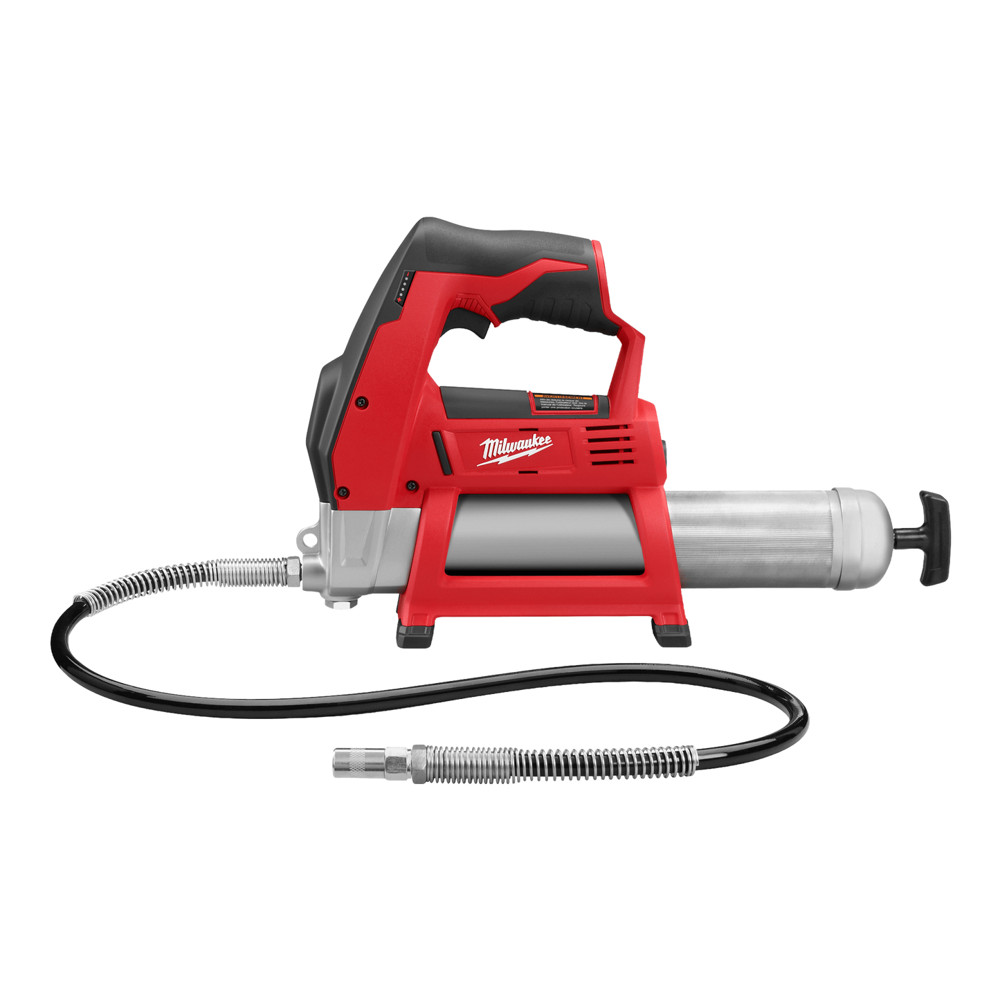 Red cordless grease gun with lithium-ion battery, flexible hose, and ergonomic handle for tools and home improvement tasks