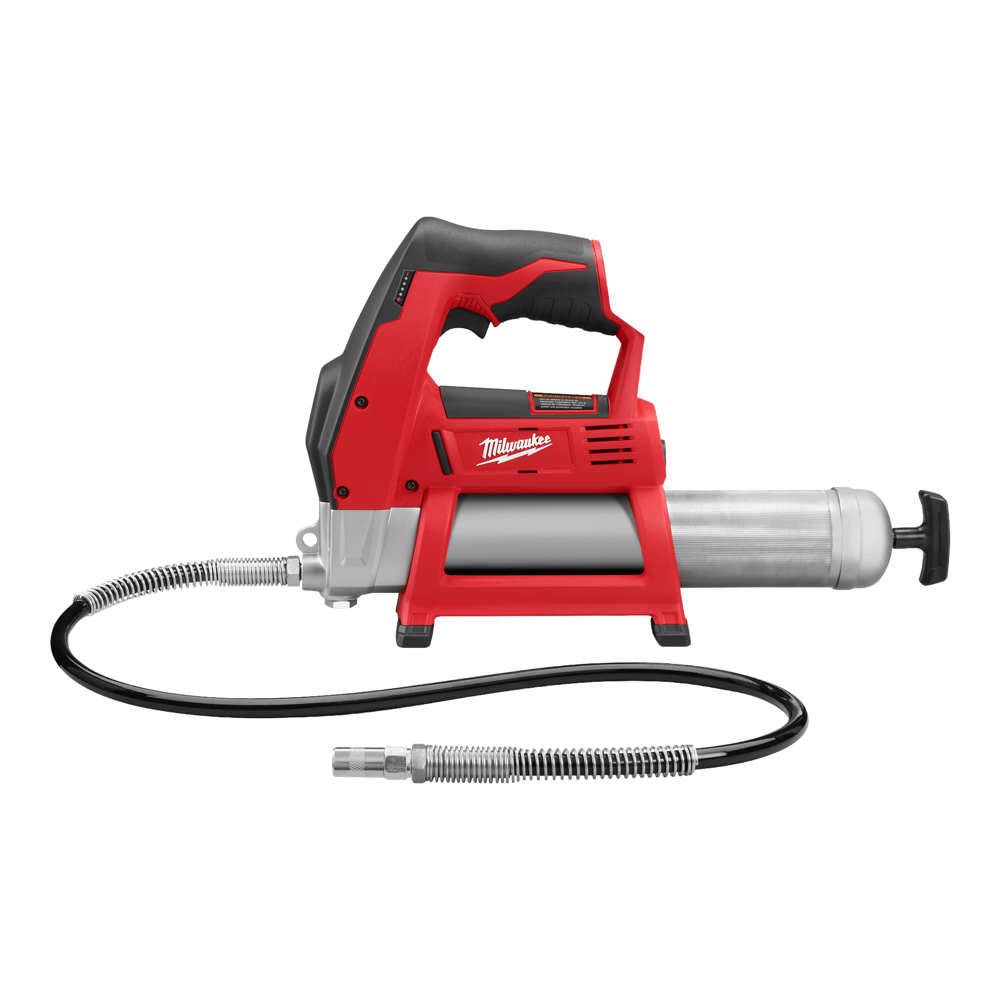 Red cordless grease gun with lithium-ion battery, flexible hose, and ergonomic handle for tools and home improvement tasks