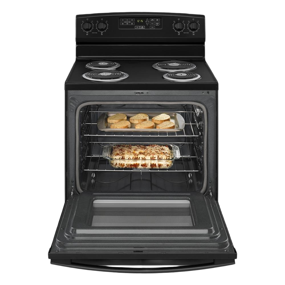 black 30-inch electric range with four coil burners and open oven showing baked casserole and bread inside