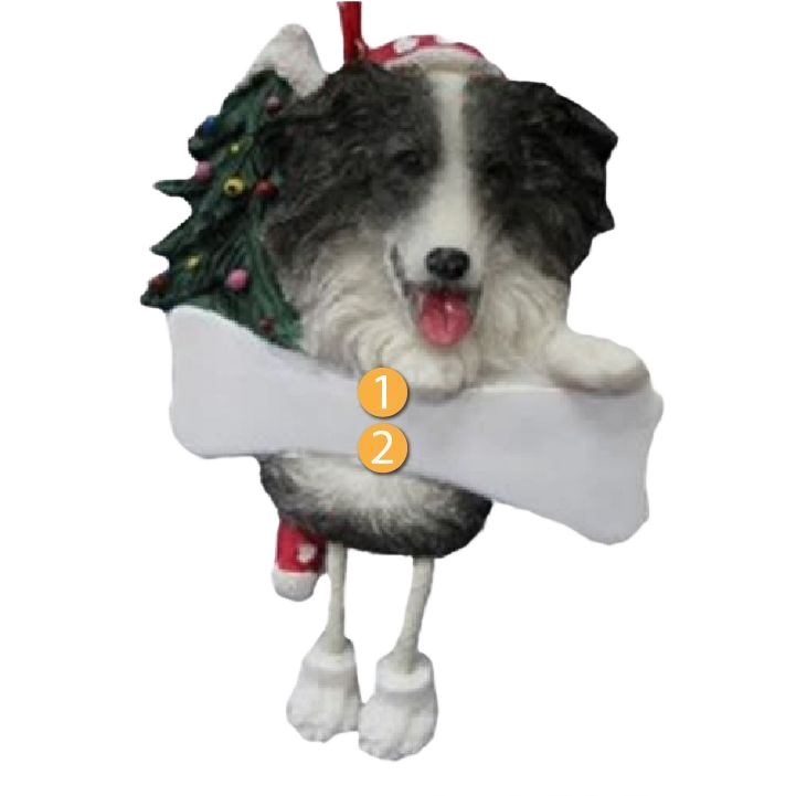 Decorative Christmas ornament featuring a Border Collie with dangling legs holding a blank bone sign