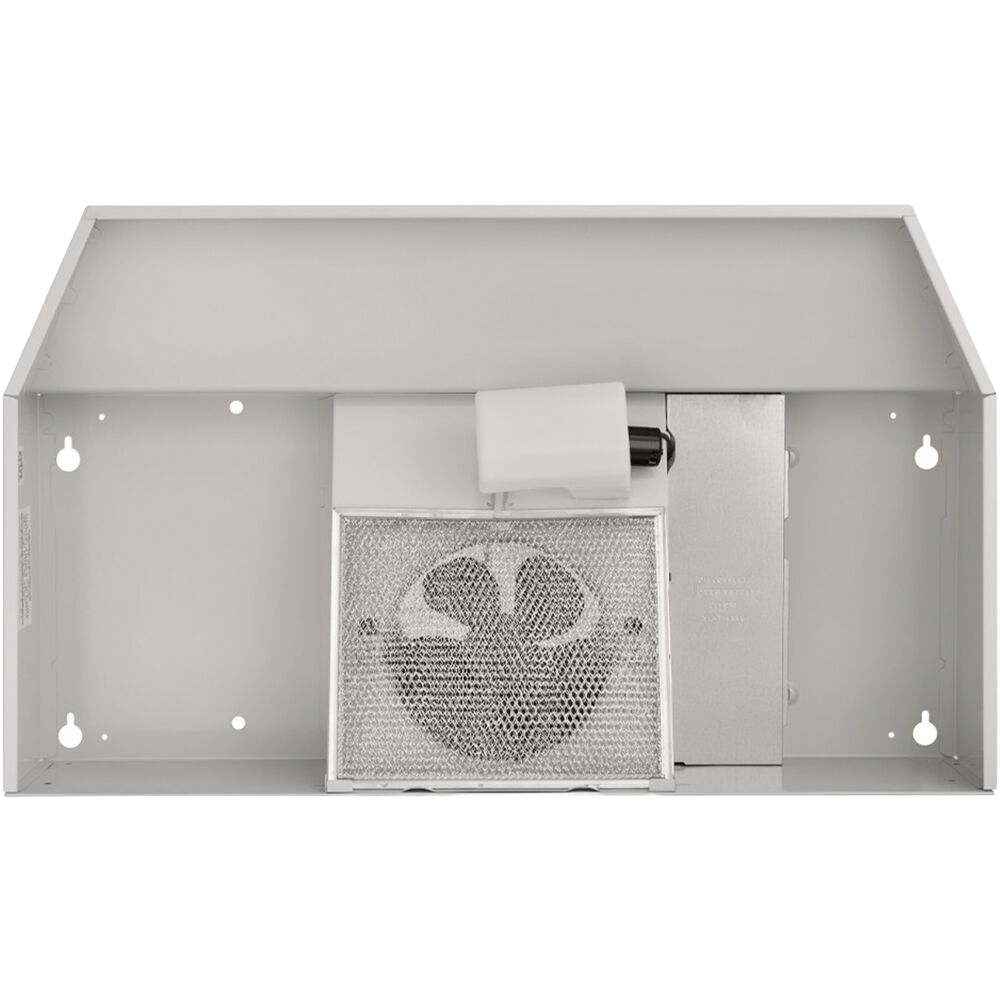 Under-cabinet range hood with metal mesh filter and blower assembly for kitchen ventilation in home improvement appliances.