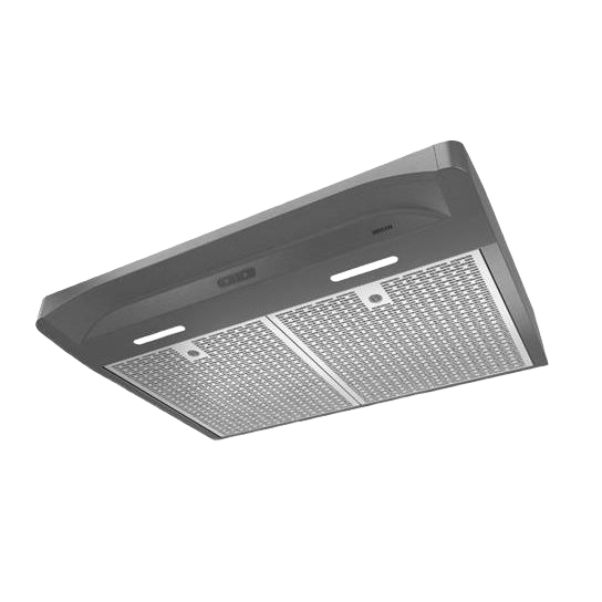 Under-cabinet range hood with sculpted curved design, LED modules, and tap touch controls in kitchen appliances collection
