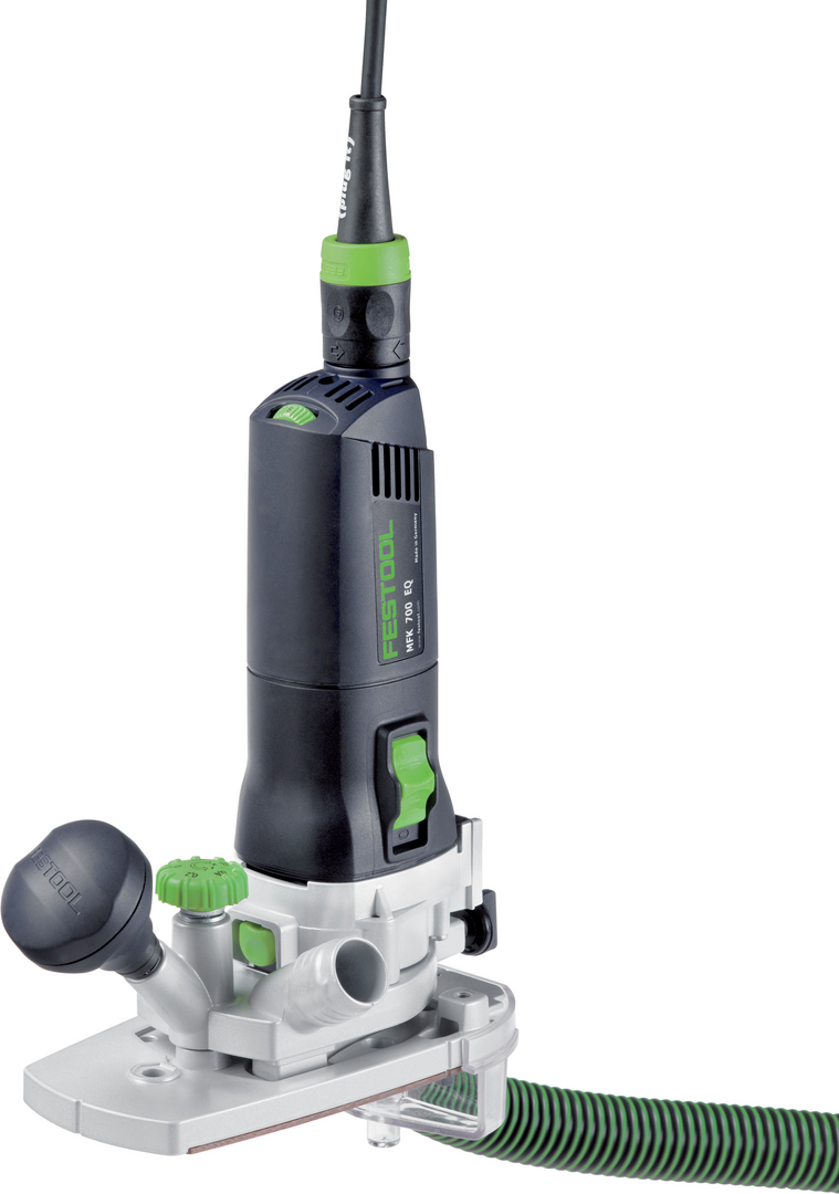 Black and green Festool trim router with dust extraction hose attachment for precise woodworking and home improvement tasks