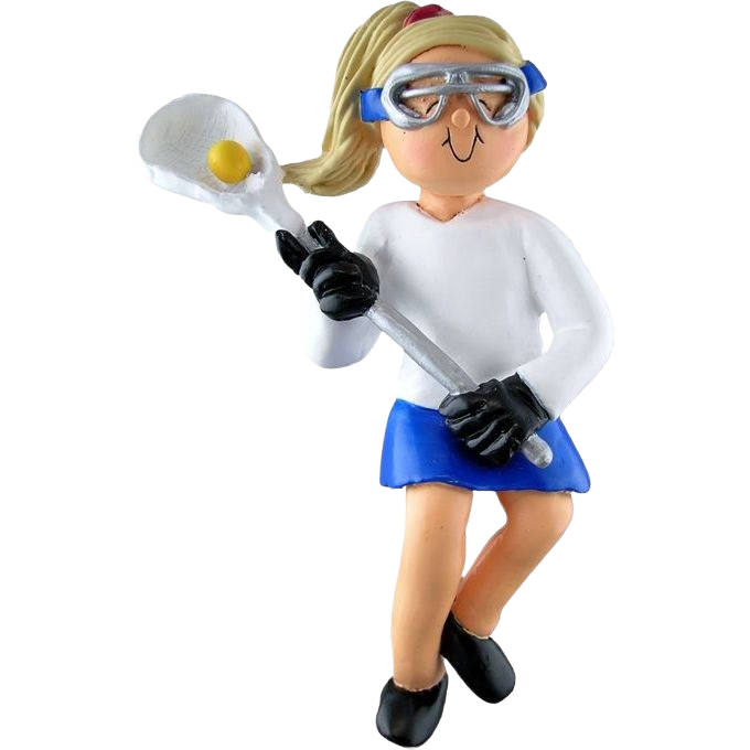 Figurine of blonde female lacrosse player in blue skirt and protective eyewear for Christmas Ornaments collection