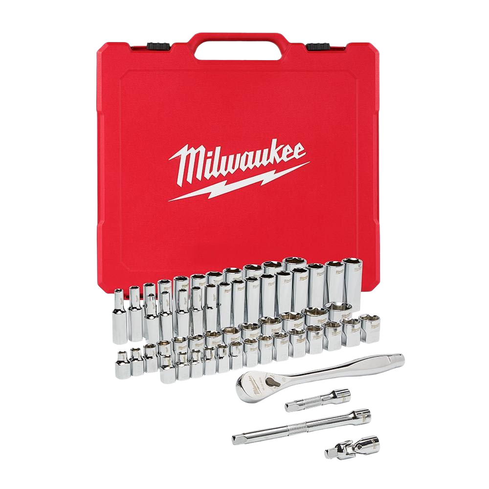 Red storage case with chrome ratchet, sockets, and extensions for hand tools and woodworking projects