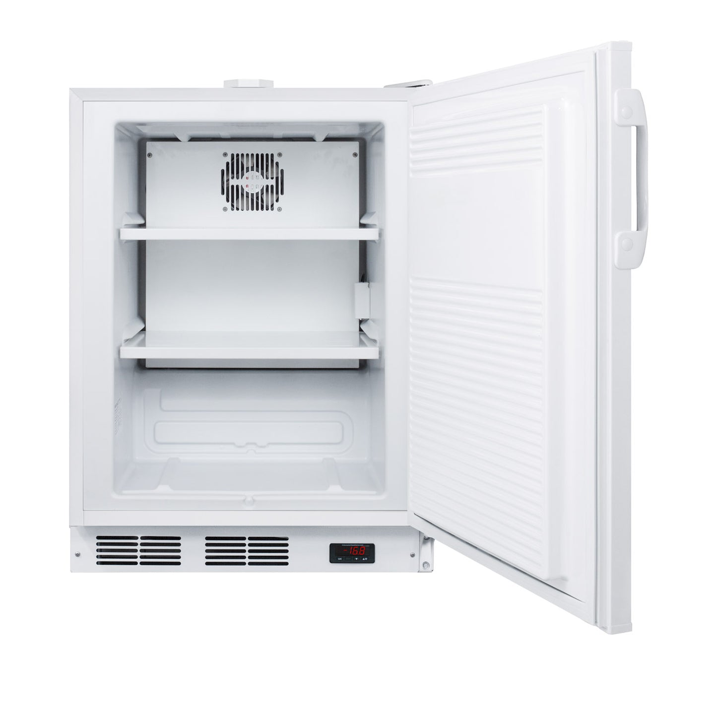 White built-in all-freezer with open door, adjustable shelves, ventilation grille, and digital temperature display in Freezers collection