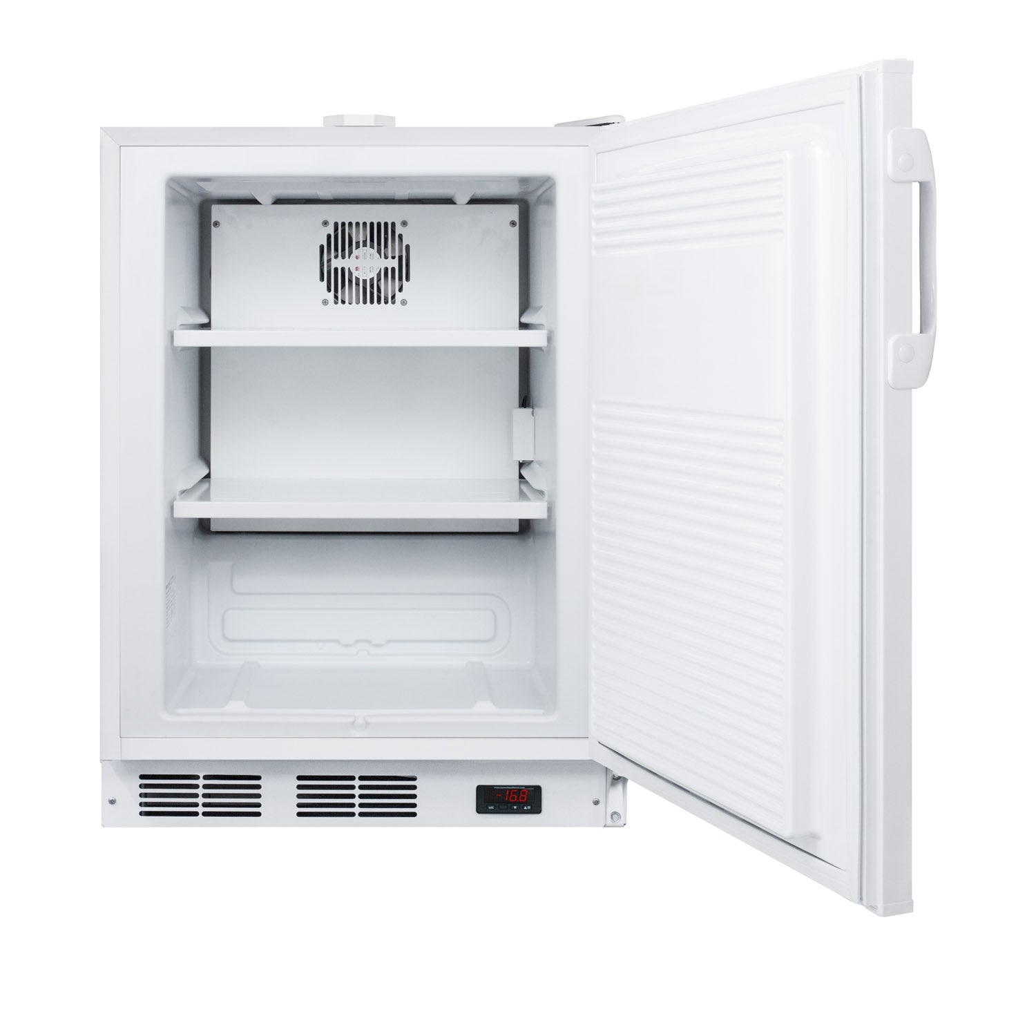 White built-in all-freezer with open door, adjustable shelves, ventilation grille, and digital temperature display in Freezers collection