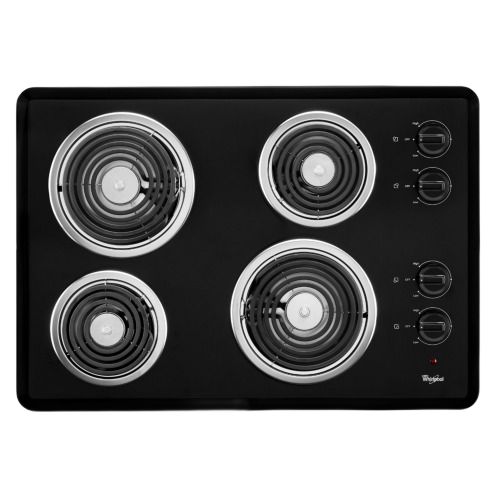 Black electric cooktop featuring four coil burners with chrome trim and four control knobs, part of Cooktops and Kitchen & Kitchenware collections.