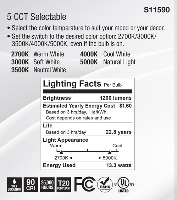 Lighting facts label showing 5 color temperature options, 1200 lumens brightness, 13.3 watt energy use, and 22.8 years life span