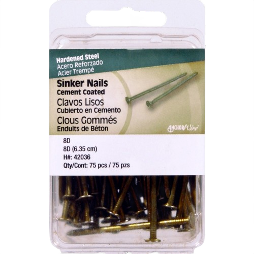 Package of hardened steel sinker nails with cement coating, 75 pieces for tools and home improvement use