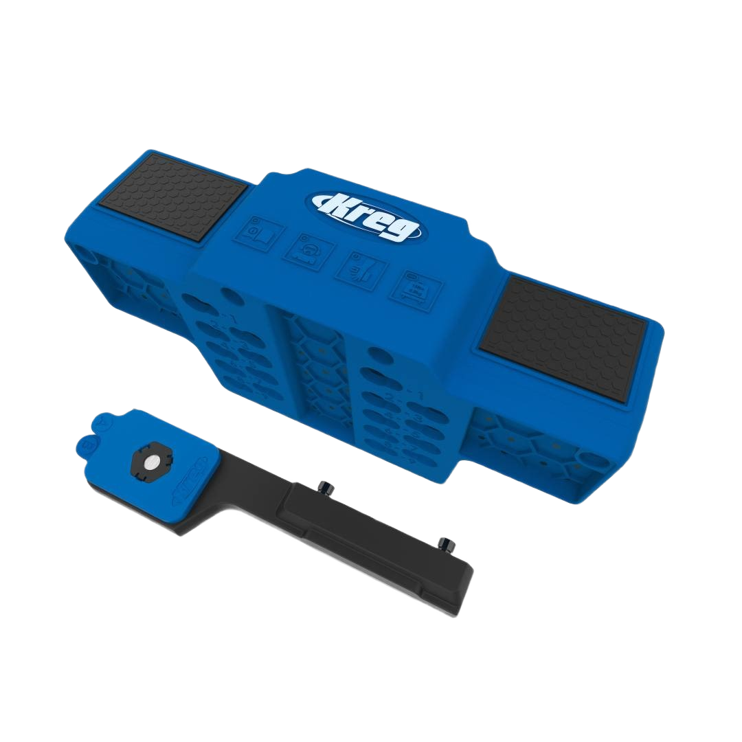 Blue cabinet door mounting jig with black rubber grips and adjustable hardware for woodworking tools and home improvement projects