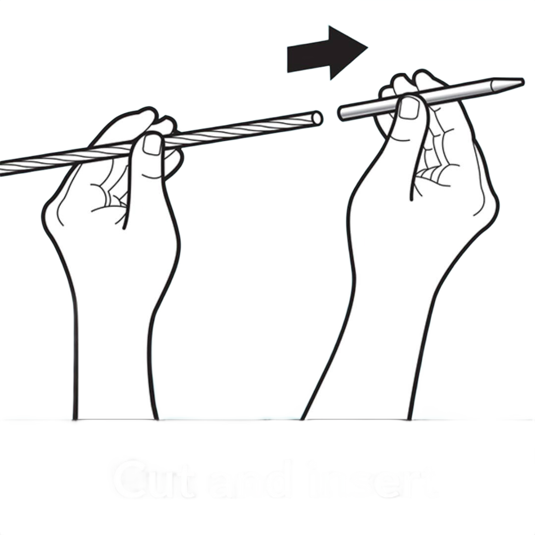 Illustration showing hands inserting a thin needle tool onto a 1/8-inch cable for deck and outdoor living projects