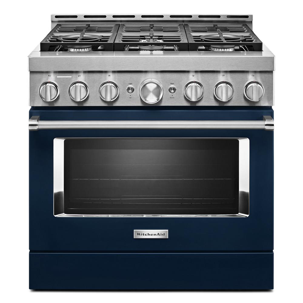 36-inch smart commercial-style gas range with six burners, stainless steel top, and blue oven door in kitchen appliances collection
