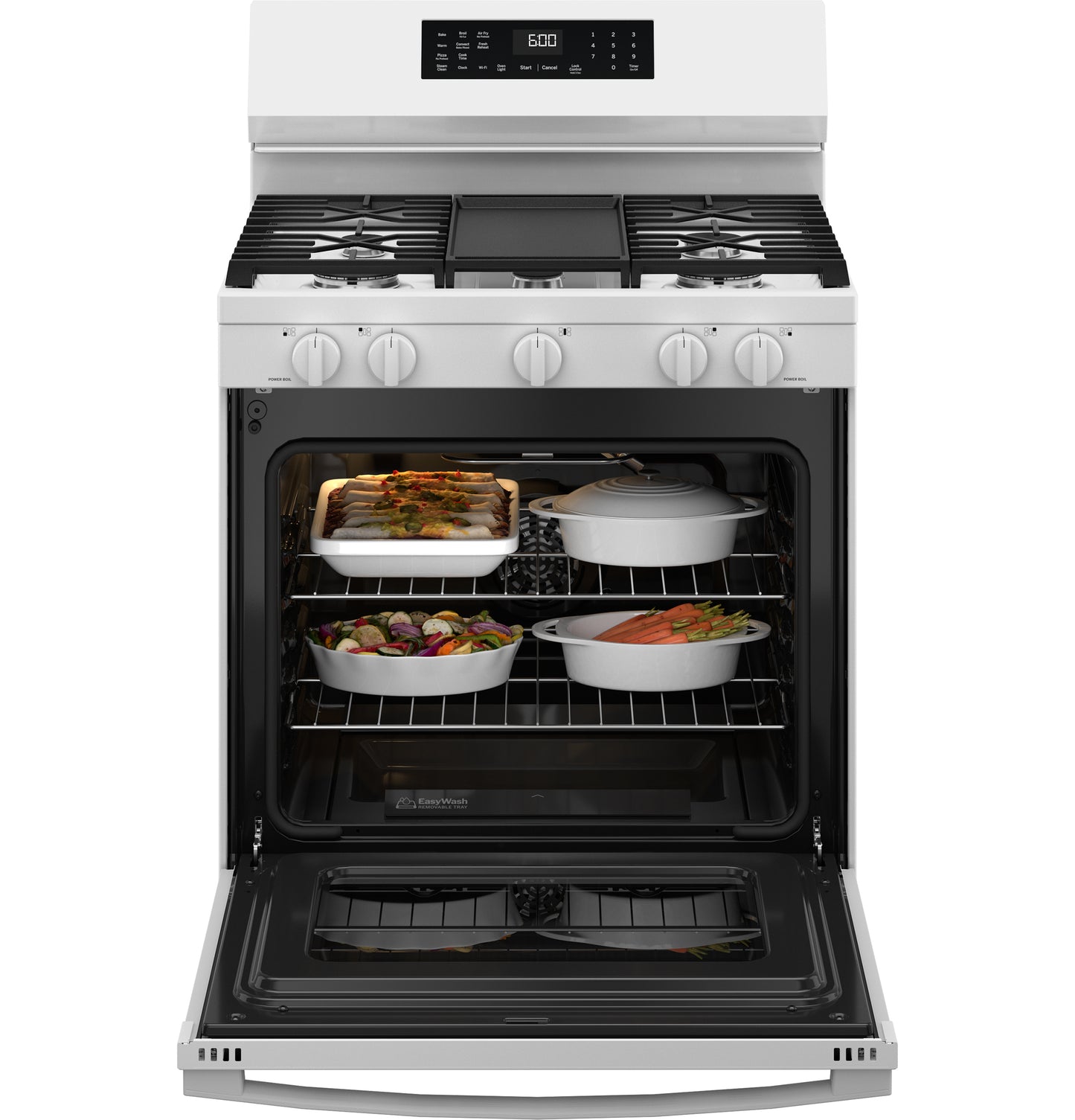 White free-standing gas range with convection oven open, showing multiple dishes inside in kitchen appliances collection