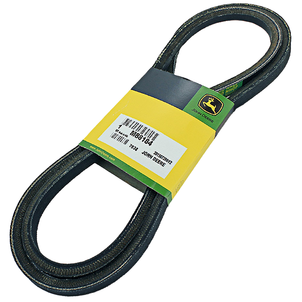 Black rubber deck drive belt with John Deere branded yellow and green packaging for automotive tools and parts