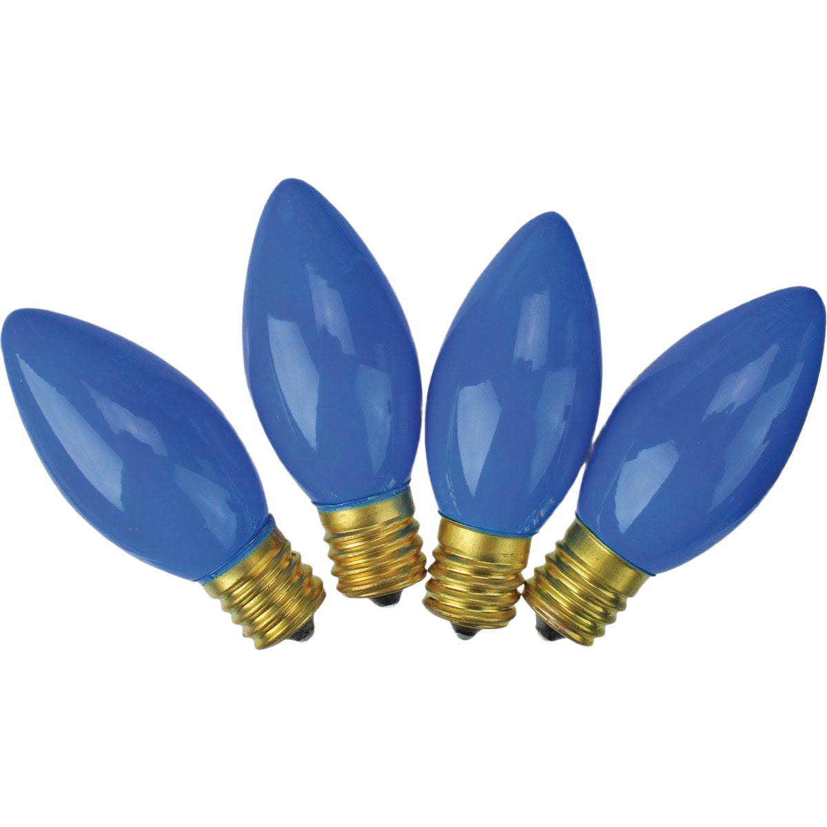 Set of four blue C9 replacement bulbs with brass bases for Christmas lights in home improvement and holiday decor collections