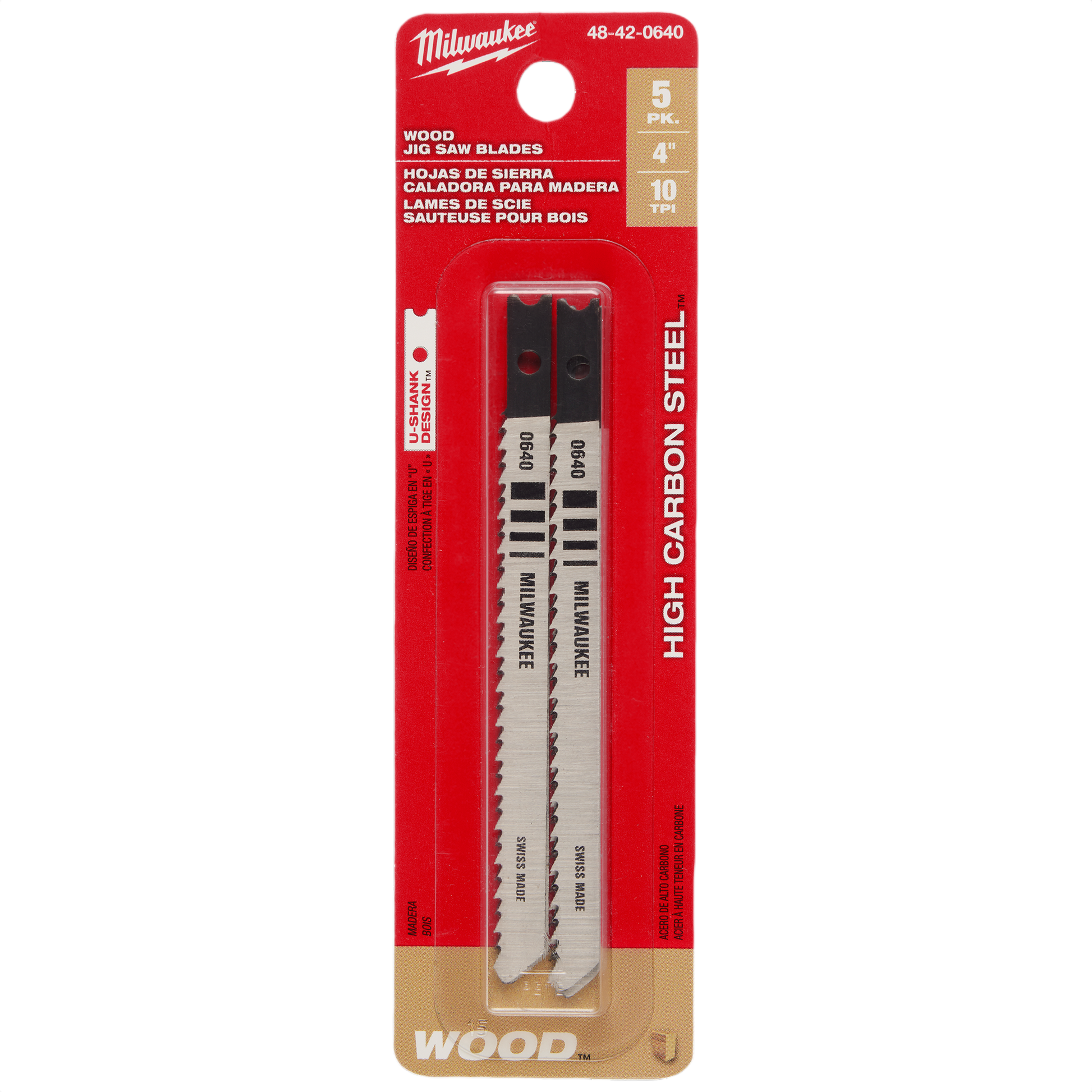 Package of five 4-inch wood-cutting U-shank jigsaw blades with 10 TPI in red and beige tool accessories packaging
