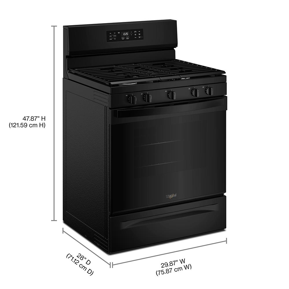 Freestanding black 30-inch gas range with control knobs and digital display from ranges and kitchen appliances collection