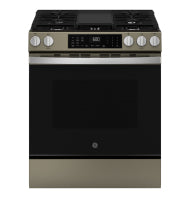 GE stainless steel slide-in gas range with front controls, convection oven, part of ranges and appliances at Hartville Hardware