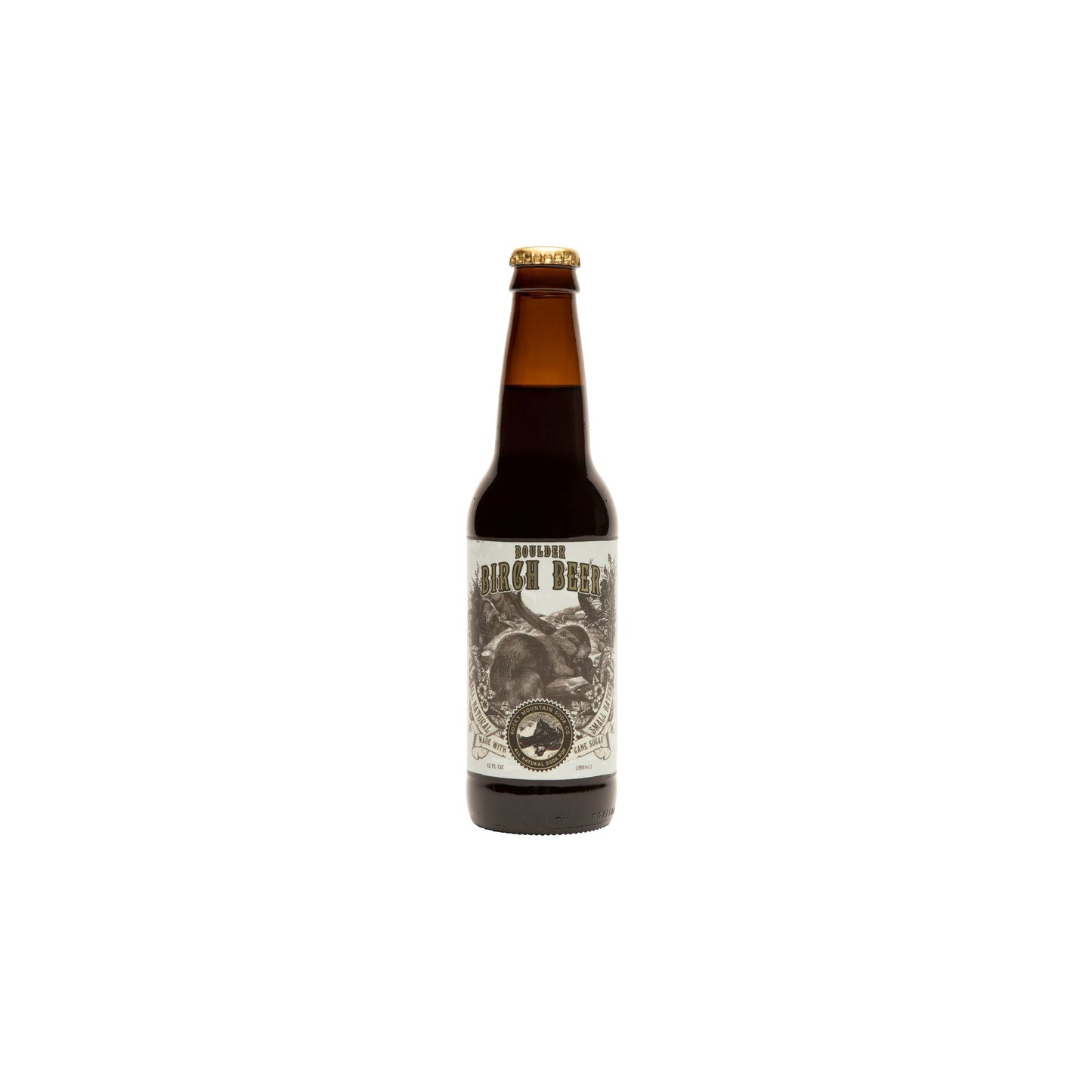 Brown glass bottle of birch beer soda with vintage style label featuring natural imagery and gold bottle cap