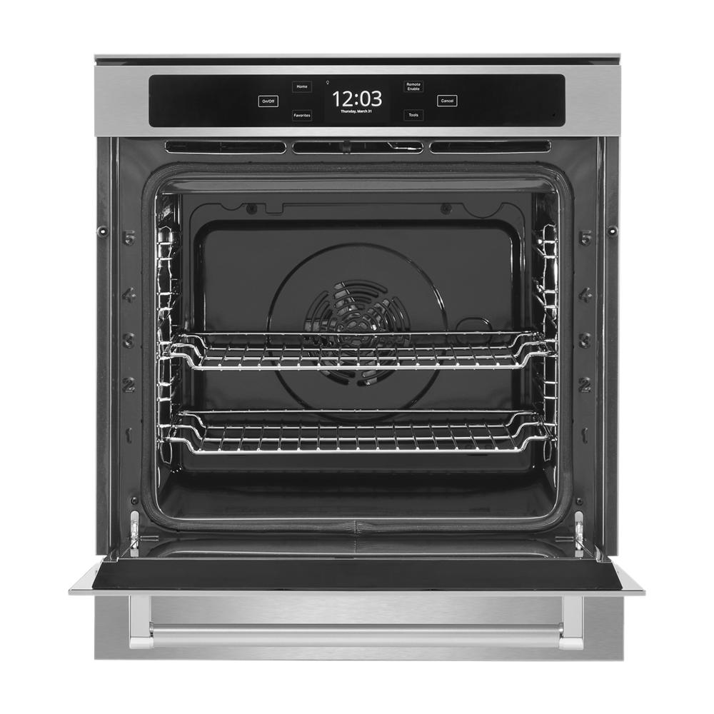 Front view of stainless steel smart wall oven with two adjustable racks and digital clock display, KitchenAid Appliances