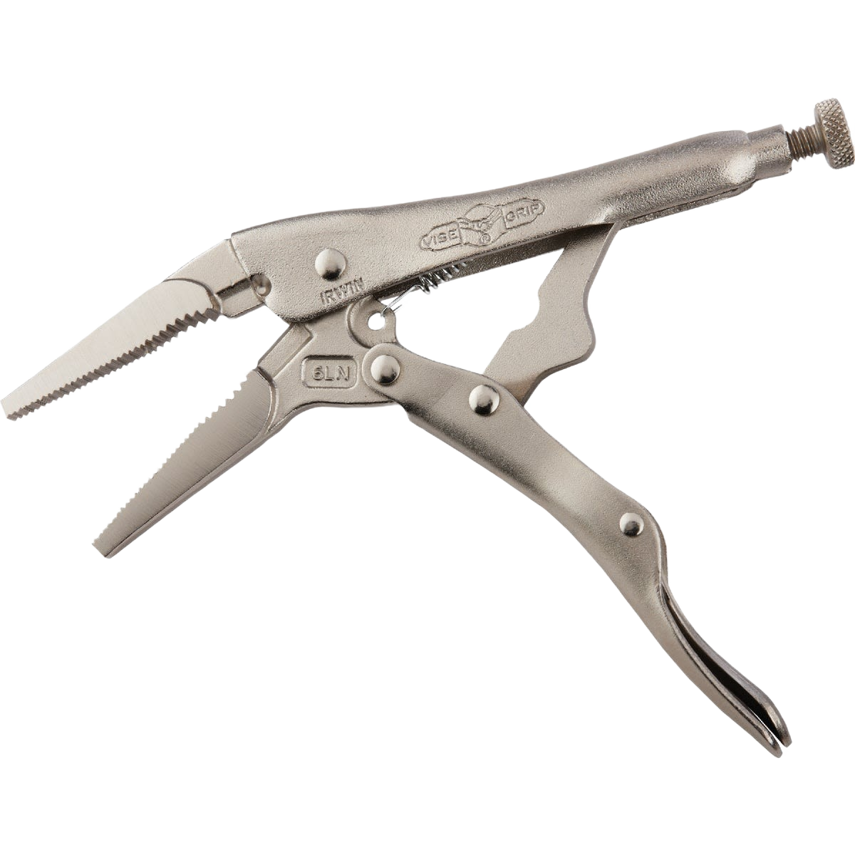 Silver-toned long nose locking pliers with serrated jaws and adjustment screw for precise gripping in home improvement tasks
