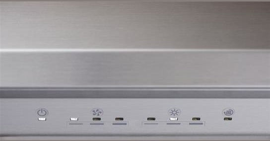 Stainless steel over-the-range hood control panel with touch buttons and LED indicators for kitchen appliances