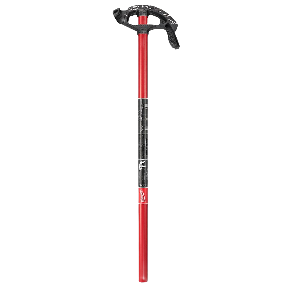 Red iron conduit bender with reinforced hook and high contrast markings for precise bends in electrical and hand tool use