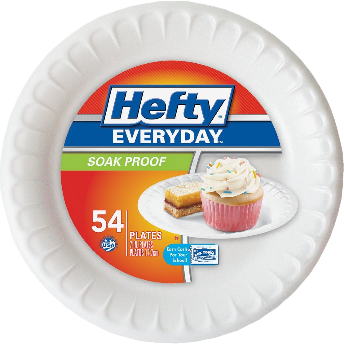 Pack of white foam plates with textured edges, designed for everyday use and resistant to soaking through liquids