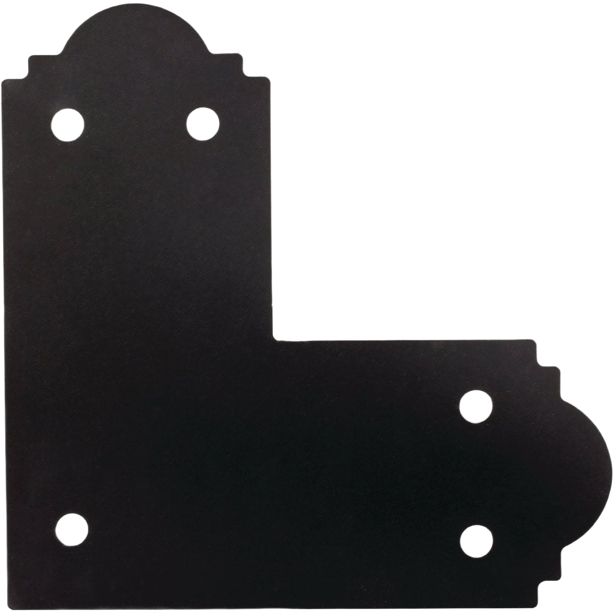 Black flat L-shaped metal strap tie with rounded and stepped edges for reinforcing wood connections in construction projects
