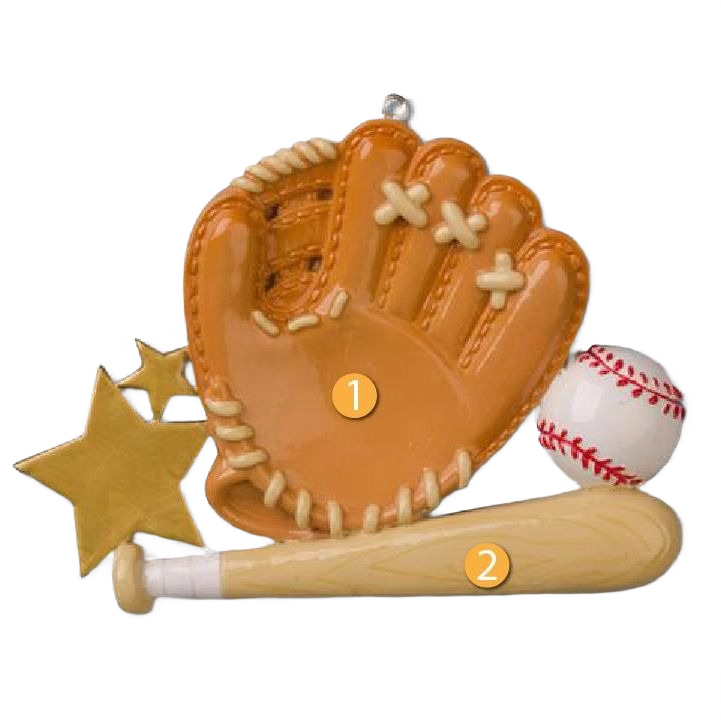 Personalized baseball glove, bat, and ball ornament with gold stars for Christmas Ornaments & Tree Decorations collection